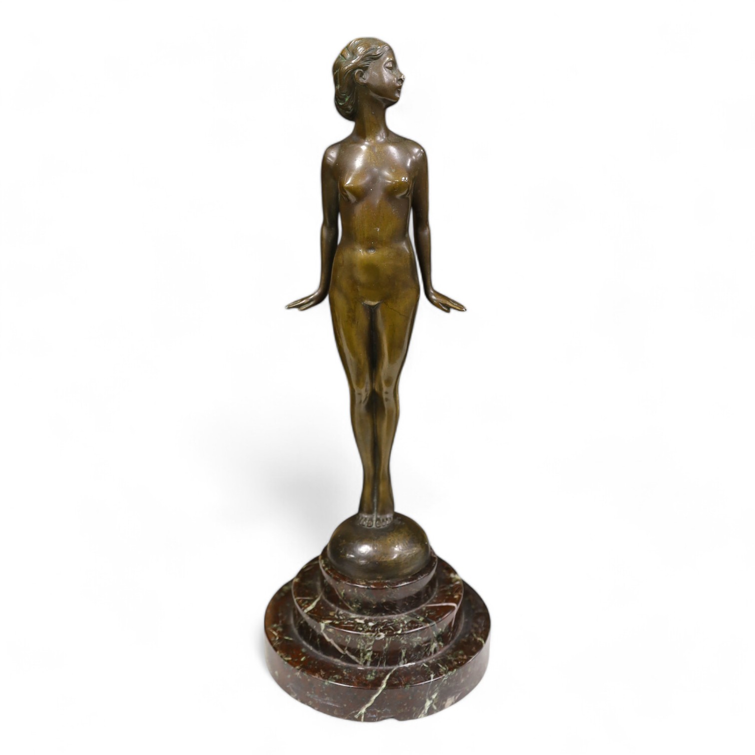 Lissy Eckart (German, 1891-1974), bronze, standing female nude, on marble base, 35cm. Condition - fair to good, chips to marble